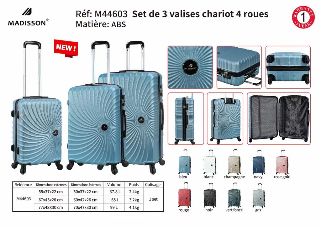 Set de 3 Valises Trolley 4 Roues Couleur Noir - Madisson M44603